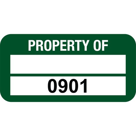 Lustre-Cal VOID Label PROPERTY OF Green 1.50in x 0.75in 1 Blank Pad & Serialized 0901-1000, 100PK 253774Vo2G0901